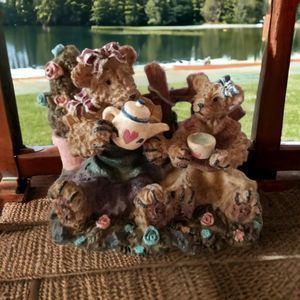 Tea Time Bears Figurine Sitting by Fence Flowers Resin Bear Scene 4.5"